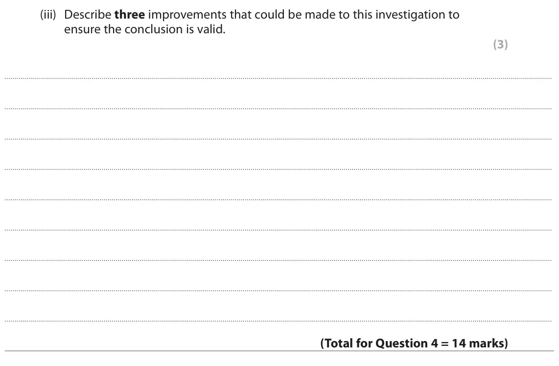 June 2024 Paper 3, question 4(b)(iii): Describe three improvements that could be made to this investigation to ensure the conclusion is valid. (3)