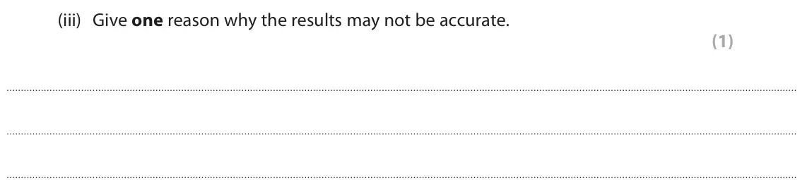 June 2024 Paper 3, question 6(a)(iii): Give one reason why the results may not be accurate. (1)