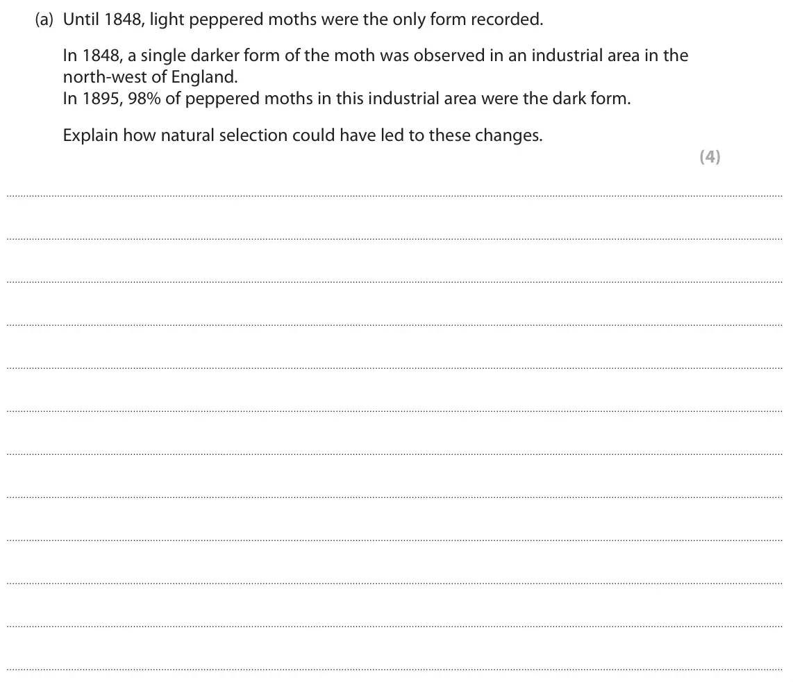June 2024 Paper 3, question 9(a): Until 1848, light peppered moths were the only form recorded. In 1848, a single darker form of the moth was observed in an industrial area in the north‑west of