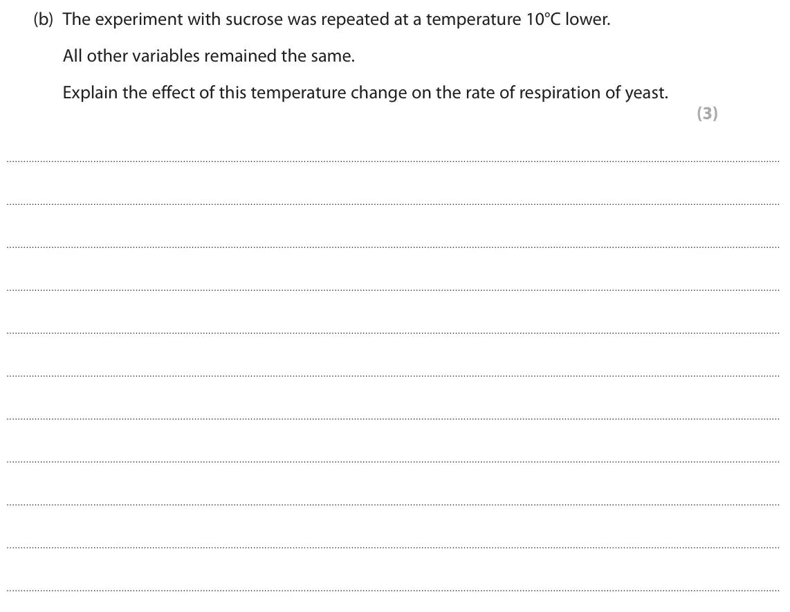 June 2024 Paper 3, question 10(b): The experiment with sucrose was repeated at a temperature 10°C lower. All other variables remained the same. Explain the effect of this temperature change on th