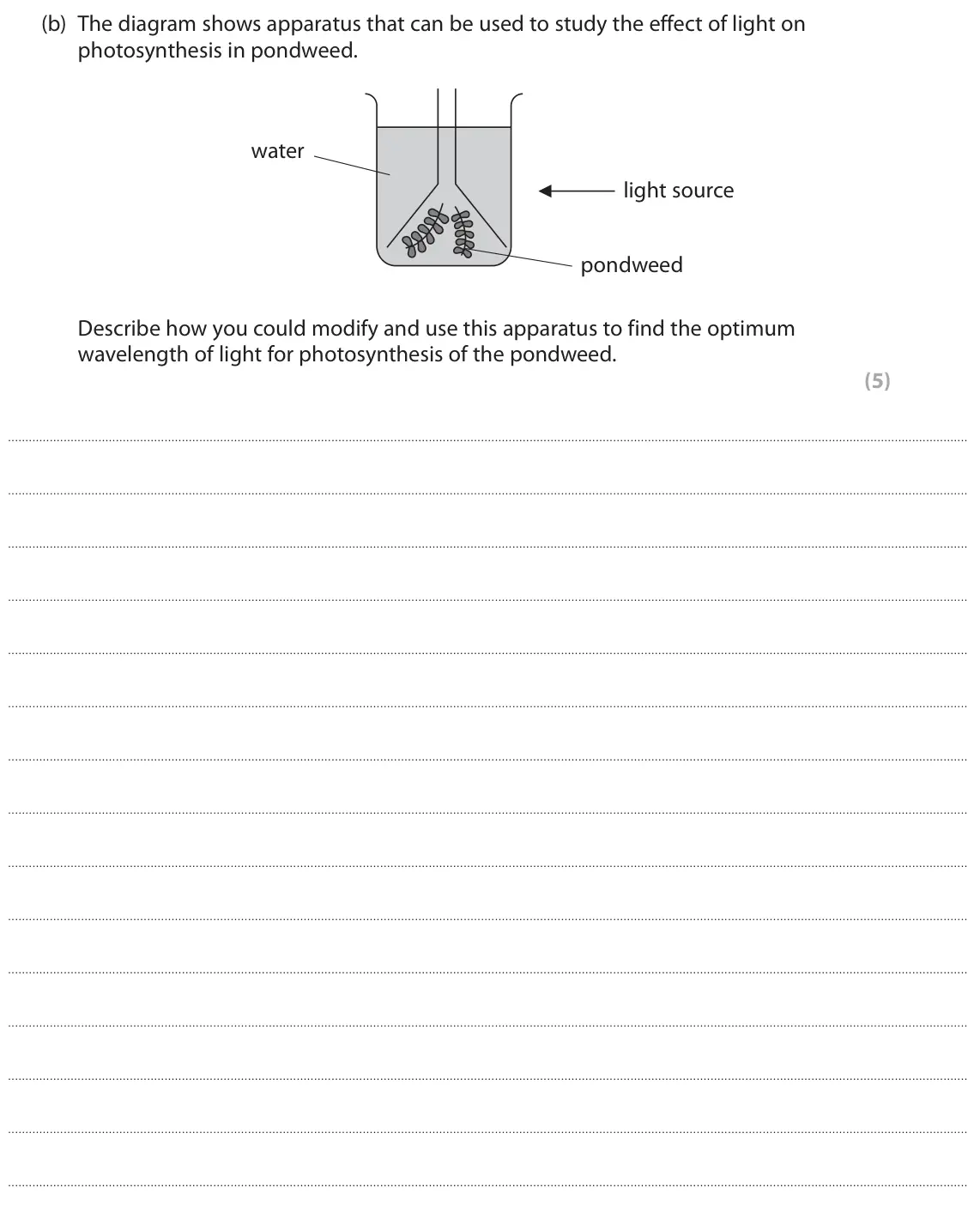 June 2025 Paper 3, question 3(b): The diagram shows apparatus that can be used to study the effect of light on photosynthesis in pondweed. water light source pondweed Describe how you could modi