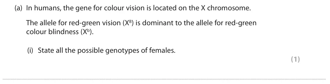 June 2025 Paper 3, question 4(a)(i): State all the possible genotypes of females. (1)