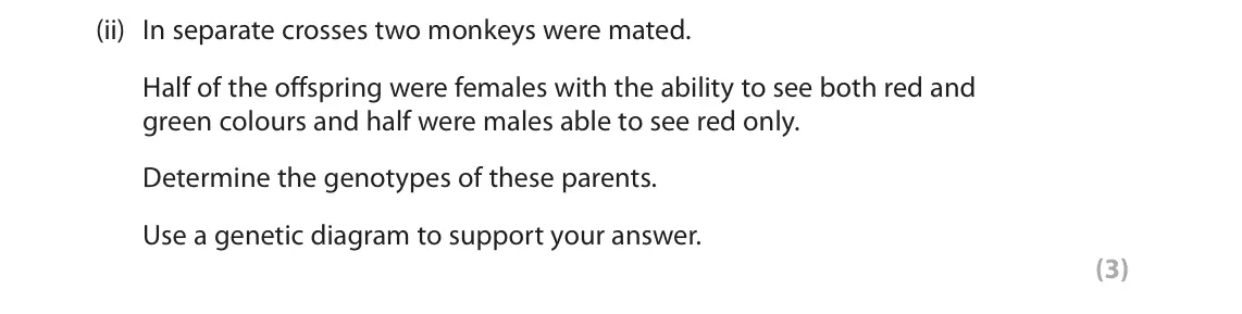 June 2025 Paper 3, question 4(b)(ii): In separate crosses two monkeys were mated. Half of the offspring were females with the ability to see both red and green colours and half were males able to se