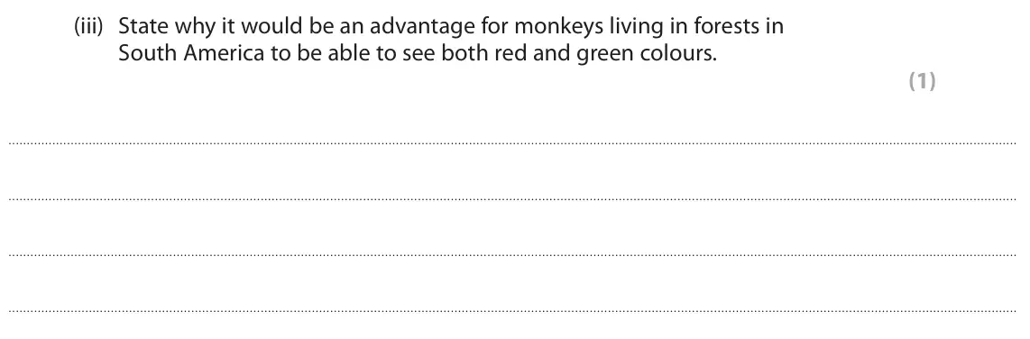 June 2025 Paper 3, question 4(b)(iii): State why it would be an advantage for monkeys living in forests in South America to be able to see both red and green colours. (1)