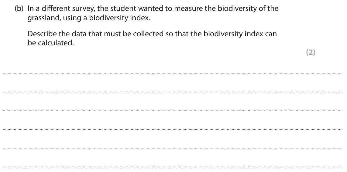 June 2025 Paper 3, question 6(b): In a different survey, the student wanted to measure the biodiversity of the grassland, using a biodiversity index. Describe the data that must be collected so 
