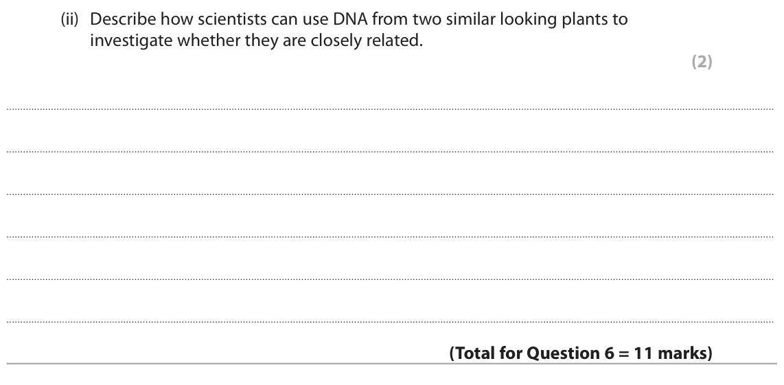 June 2025 Paper 3, question 6(c)(ii): Describe how scientists can use DNA from two similar looking plants to investigate whether they are closely related. (2)