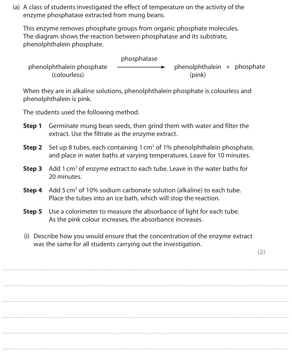 June 2025 Paper 3, question 7(a)(i): Describe how you would ensure that the concentration of the enzyme extract was the same for all students carrying out the investigation. (2)