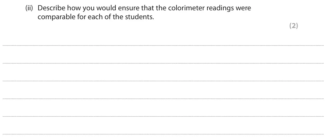 June 2025 Paper 3, question 7(a)(ii): Describe how you would ensure that the colorimeter readings were comparable for each of the students. (2)