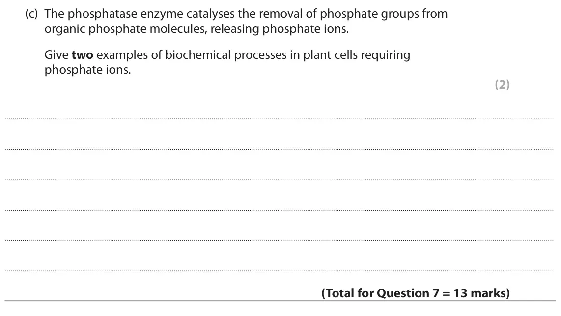 June 2025 Paper 3, question 7(c): The phosphatase enzyme catalyses the removal of phosphate groups from organic phosphate molecules, releasing phosphate ions. Give two examples of biochemical pr