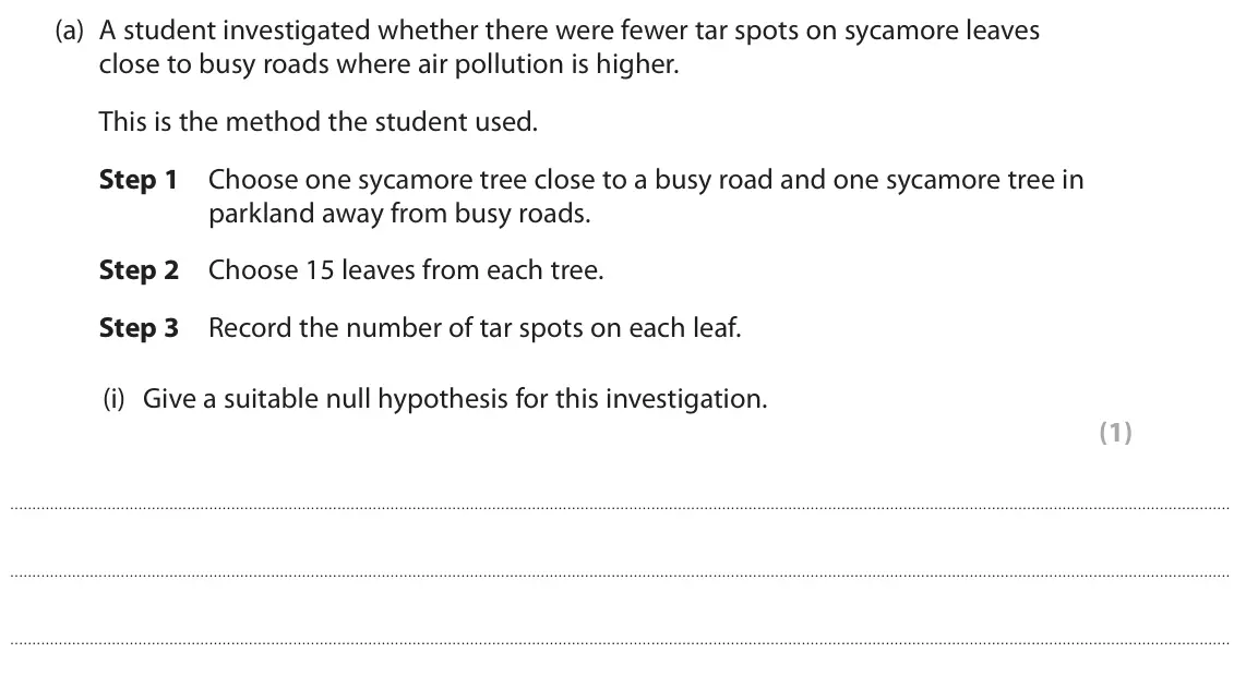 June 2025 Paper 3, question 8(a)(i): Give a suitable null hypothesis for this investigation. (1)