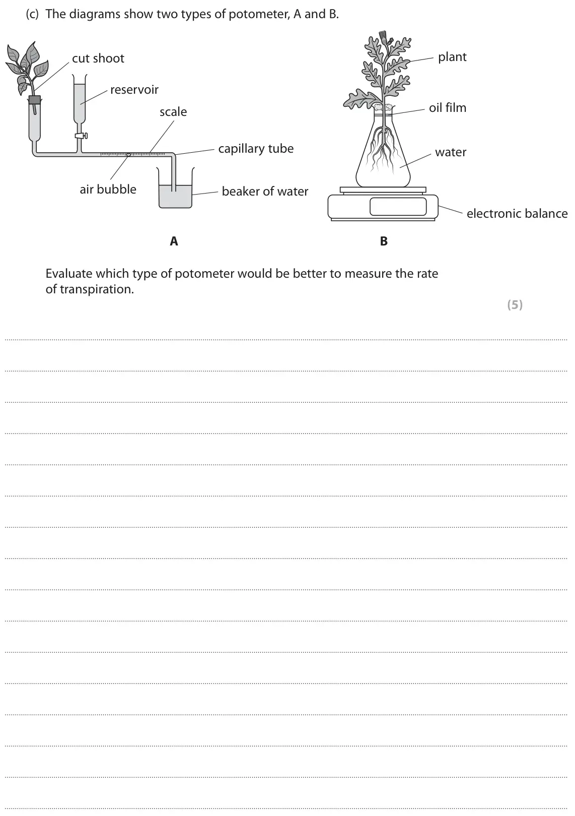 June 2025 Paper 3, question 9(c): The diagrams show two types of potometer, A and B. plant cut shoot reservoir oil film scale capillary tube water air bubble beaker of water electronic balance A