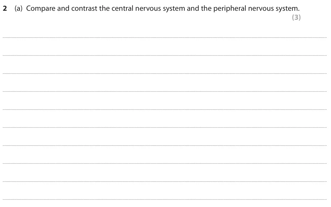 November 2021 Paper 3, question 2(a): Compare and contrast the central nervous system and the peripheral nervous system. (3)