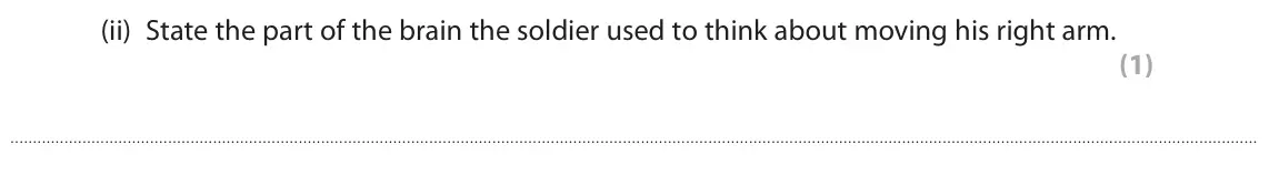 November 2021 Paper 3, question 2(b)(ii): State the part of the brain the soldier used to think about moving his right arm. (1)