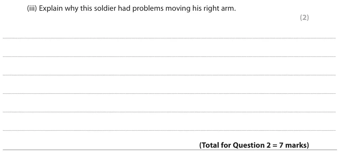November 2021 Paper 3, question 2(b)(iii): Explain why this soldier had problems moving his right arm. (2)