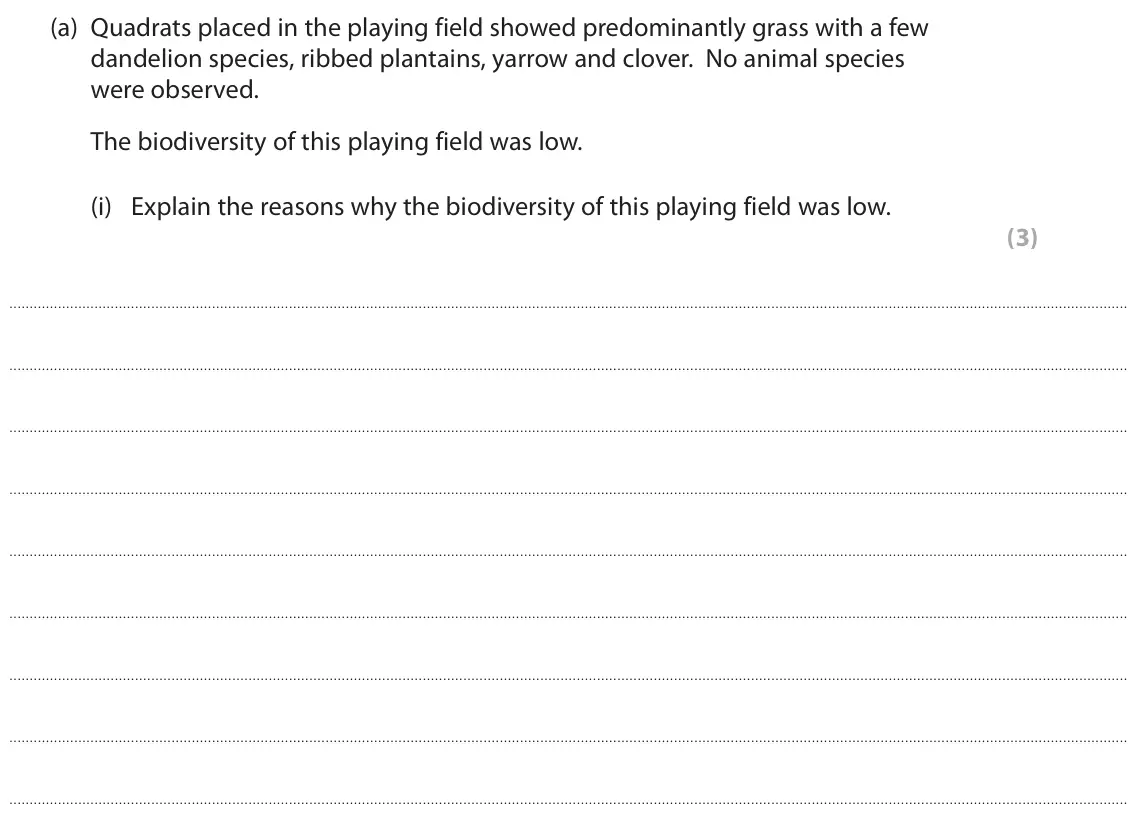 November 2021 Paper 3, question 4(a)(i): Explain the reasons why the biodiversity of this playing field was low. (3)