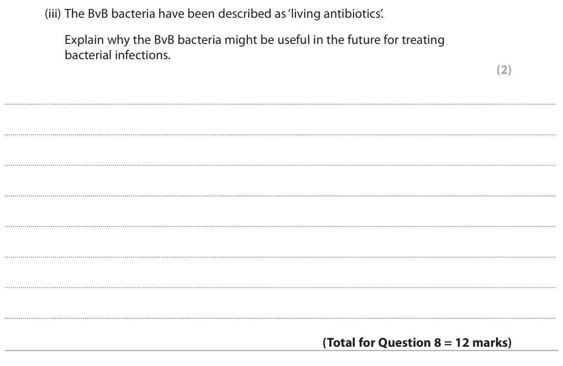 November 2021 Paper 3, question 8(b)(iii): The BvB bacteria have been described as ‘living antibiotics’. Explain why the BvB bacteria might be useful in the future for treating bacterial infections. (2)