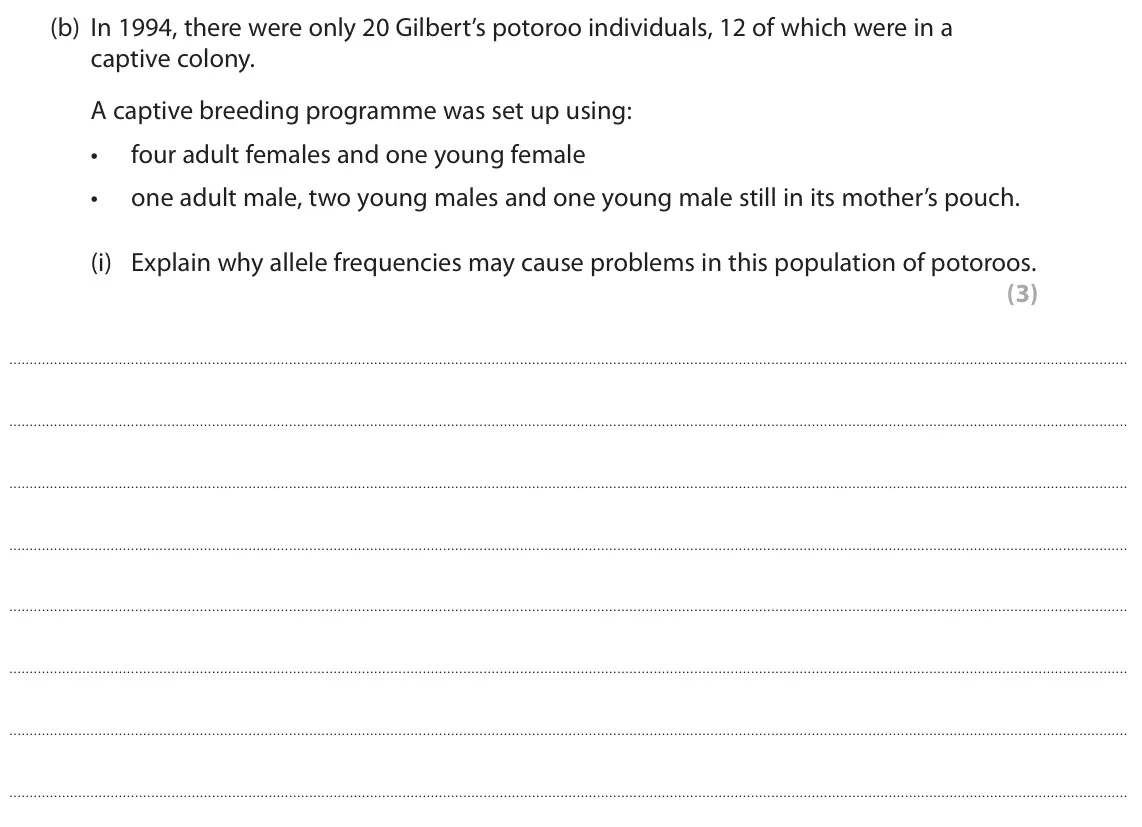 November 2021 Paper 3, question 9(b)(i): Explain why allele frequencies may cause problems in this population of potoroos. (3)