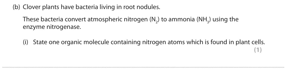 November 2021 Paper 3, question 11(b)(i): State one organic molecule containing nitrogen atoms which is found in plant cells. (1)
