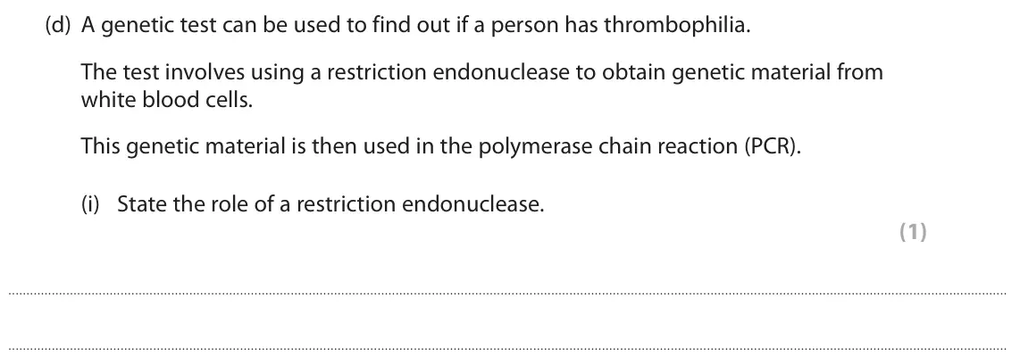 October 2020 Paper 3, question 4(d)(i): State the role of a restriction endonuclease. (1)