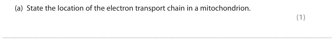 October 2020 Paper 3, question 8(a): State the location of the electron transport chain in a mitochondrion. (1)