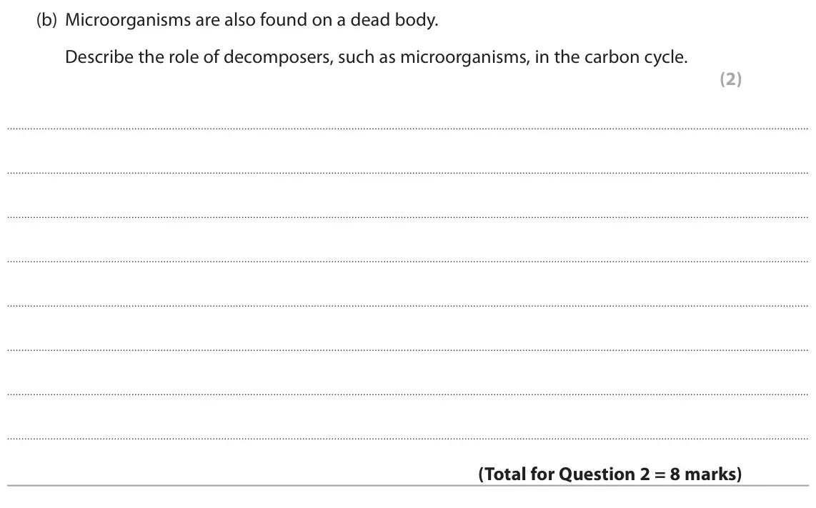 June 2018 Paper 1, question 2(b): Microorganisms are also found on a dead body. Describe the role of decomposers, such as microorganisms, in the carbon cycle. (2)