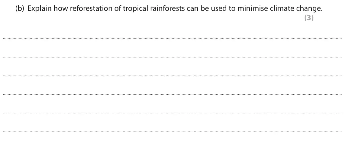 June 2018 Paper 1, question 9(b): Explain how reforestation of tropical rainforests can be used to minimise climate change. (3)