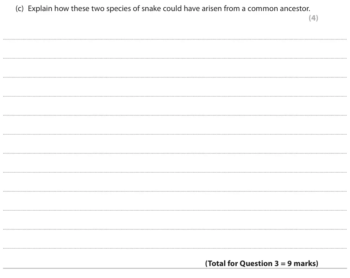 June 2019 Paper 1, question 3(c): Explain how these two species of snake could have arisen from a common ancestor. (4)