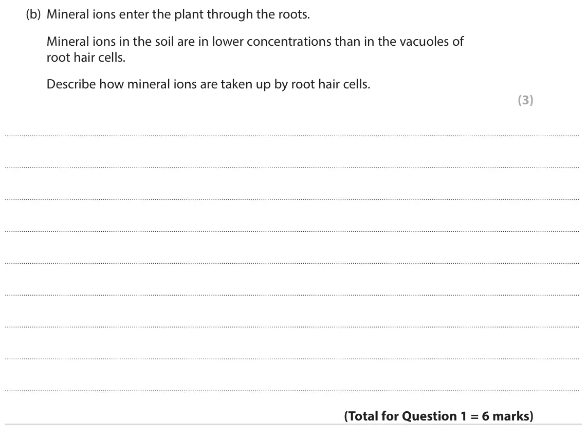 June 2022 Paper 1, question 1(b): Mineral ions enter the plant through the roots. Mineral ions in the soil are in lower concentrations than in the vacuoles of root hair cells. Describe how miner