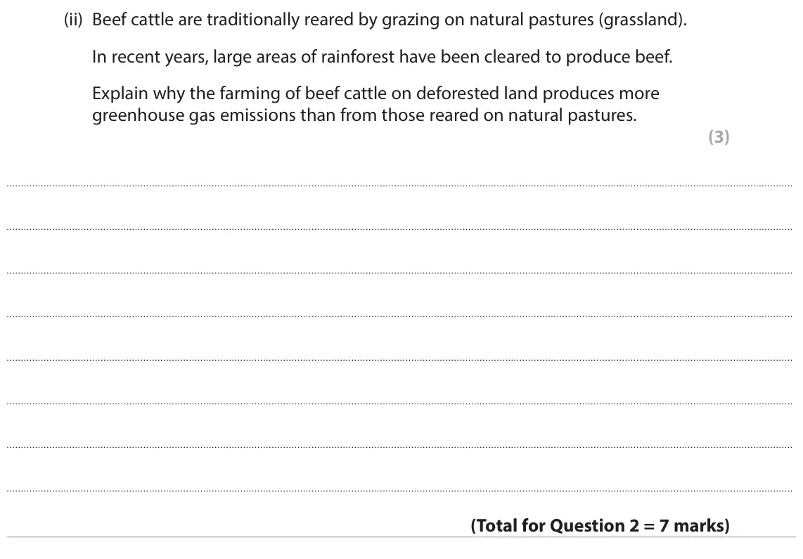 June 2022 Paper 1, question 2(b)(ii): Beef cattle are traditionally reared by grazing on natural pastures (grassland). In recent years, large areas of rainforest have been cleared to produce beef. E