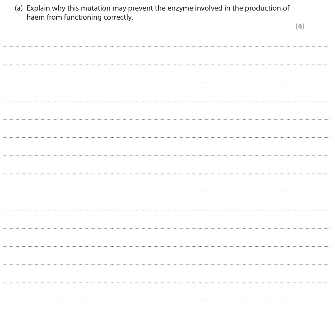 June 2022 Paper 1, question 5(a): Explain why this mutation may prevent the enzyme involved in the production of haem from functioning correctly. (4)