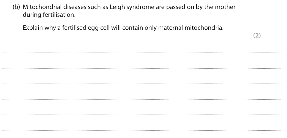June 2022 Paper 1, question 6(b): Mitochondrial diseases such as Leigh syndrome are passed on by the mother during fertilisation. Explain why a fertilised egg cell will contain only maternal mit