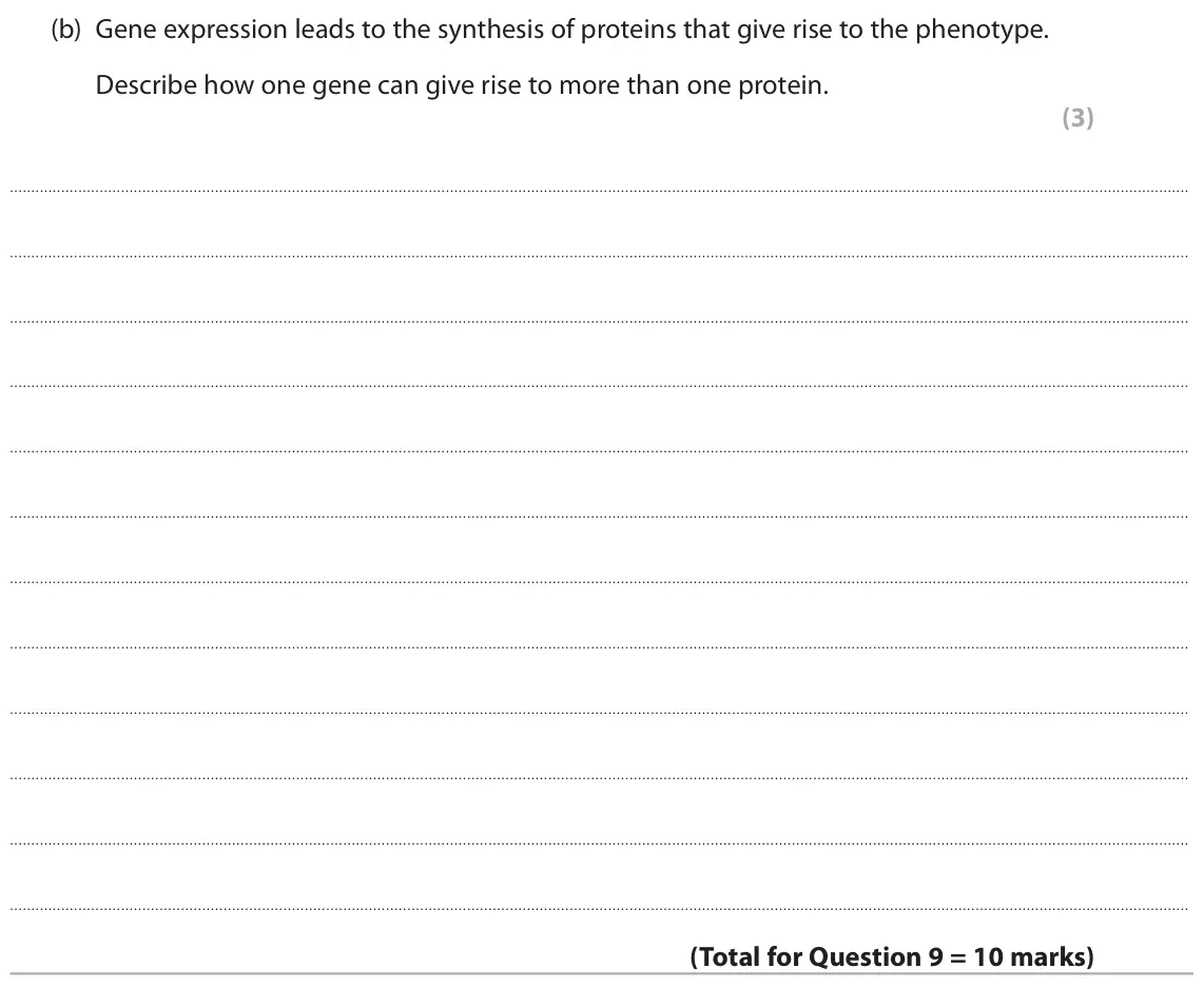 June 2023 Paper 1, question 9(b): Gene expression leads to the synthesis of proteins that give rise to the phenotype. Describe how one gene can give rise to more than one protein. (3)