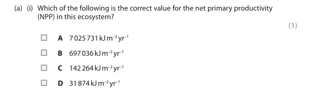 June 2024 Paper 1, question 1(a)(i): Which of the following is the correct value for the net primary productivity (NPP) in this ecosystem? (1) A 7 025 731 kJ m–2 yr–1 B 697 036 kJ m–2 yr–1 C 142 26