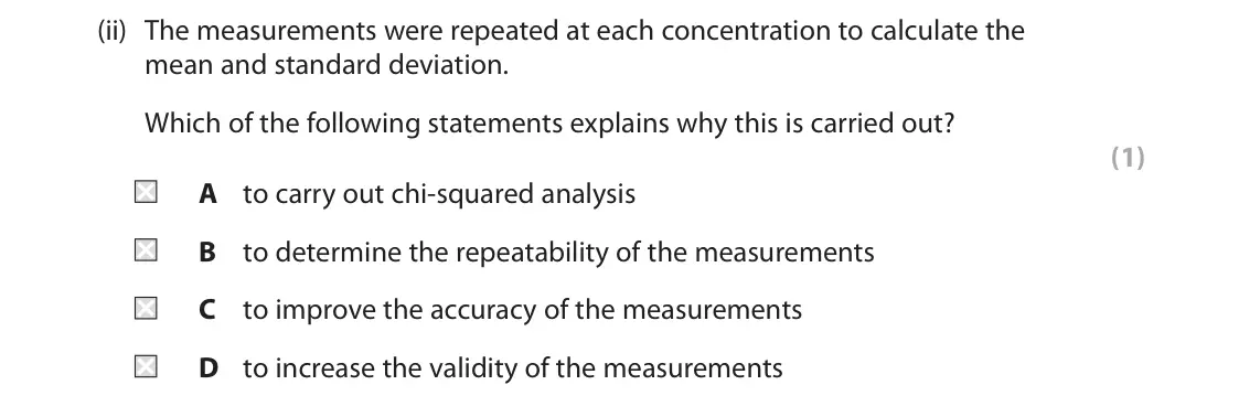 June 2024 Paper 1, question 2(b)(ii): The measurements were repeated at each concentration to calculate the mean and standard deviation. Which of the following statements explains why this is carrie