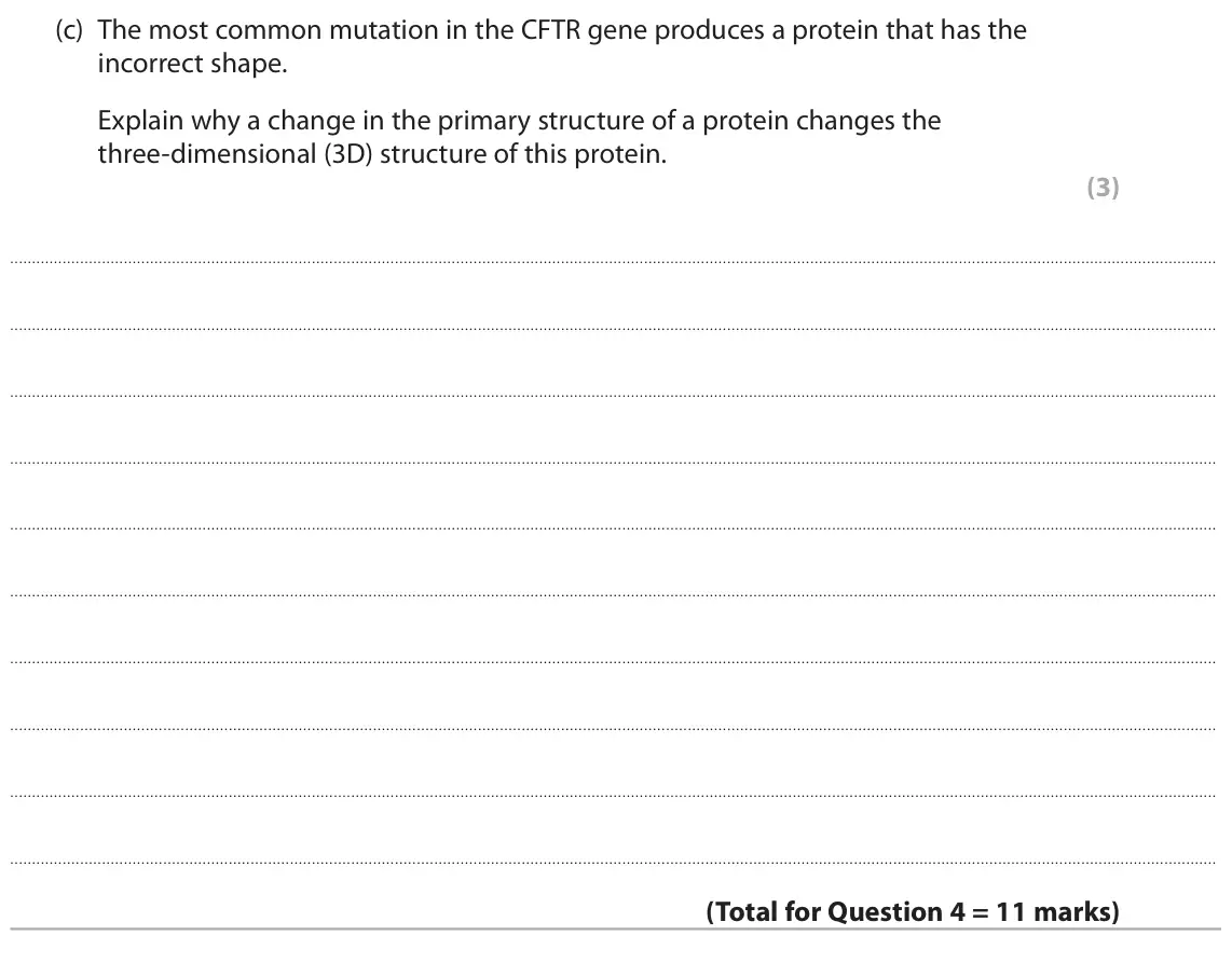 June 2024 Paper 1, question 4(c): The most common mutation in the CFTR gene produces a protein that has the incorrect shape. Explain why a change in the primary structure of a protein changes th