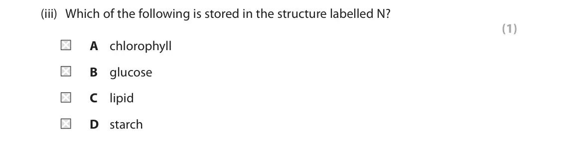 June 2024 Paper 1, question 5(a)(iii): Which of the following is stored in the structure labelled N? (1) A chlorophyll B glucose C lipid D starch