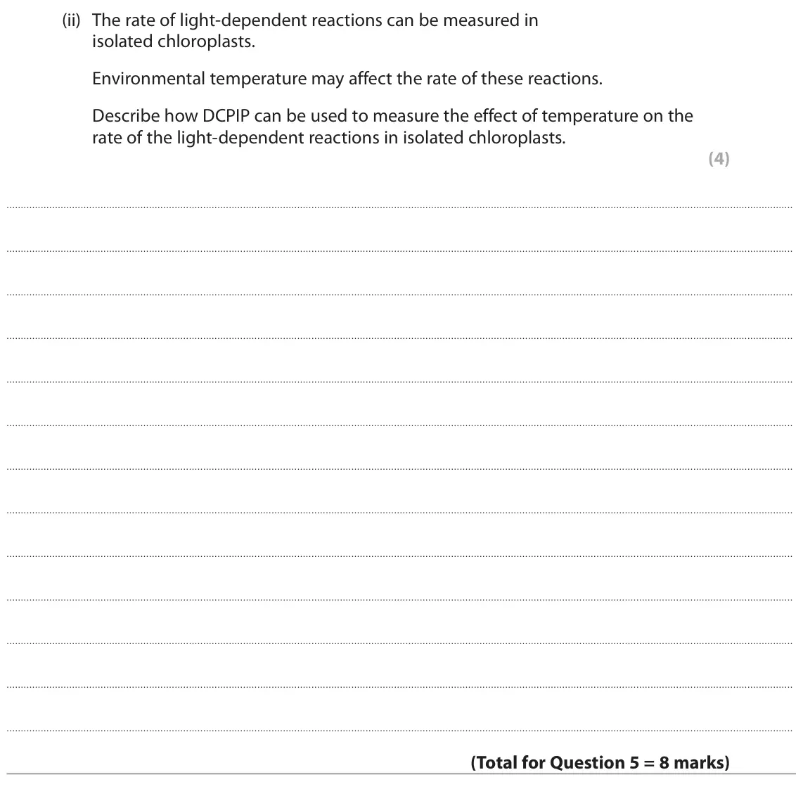 June 2024 Paper 1, question 5(b)(ii): The rate of light‑dependent reactions can be measured in isolated chloroplasts. Environmental temperature may affect the rate of these reactions. Describe how D