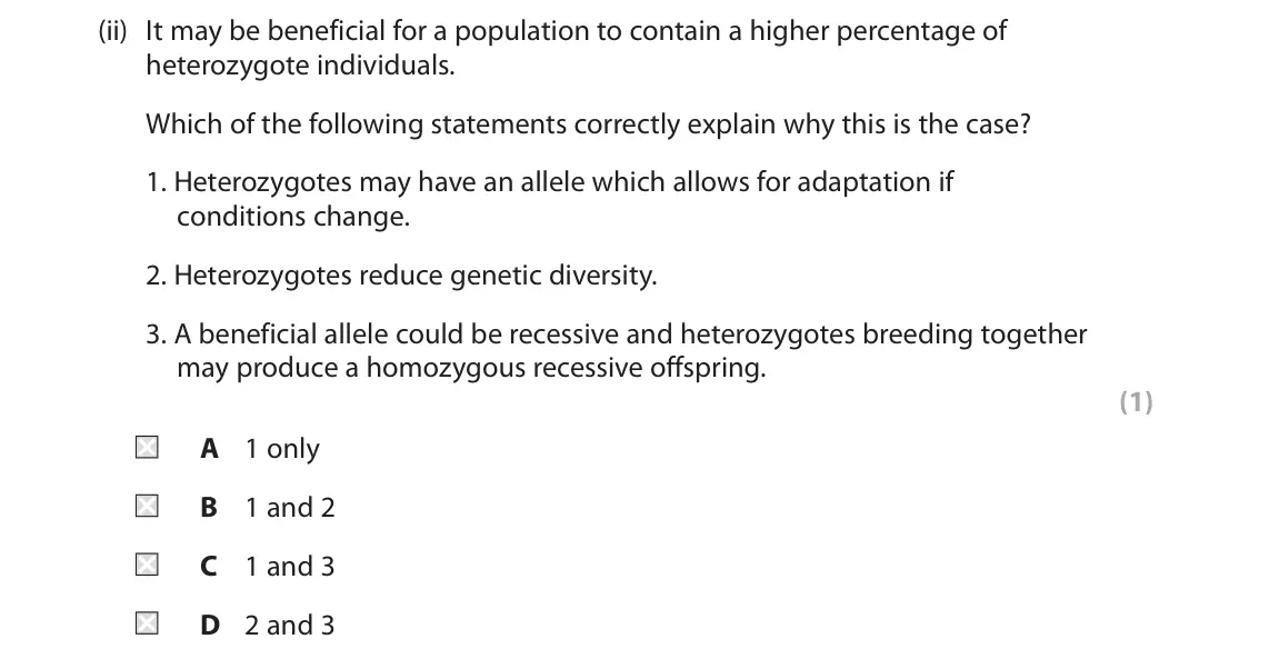 June 2024 Paper 1, question 7(b)(ii): It may be beneficial for a population to contain a higher percentage of heterozygote individuals. Which of the following statements correctly explain why this i
