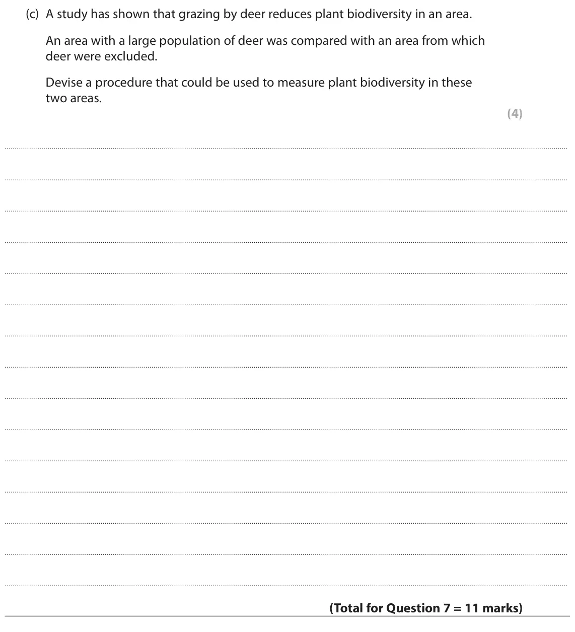 June 2024 Paper 1, question 7(c): A study has shown that grazing by deer reduces plant biodiversity in an area. An area with a large population of deer was compared with an area from which deer 