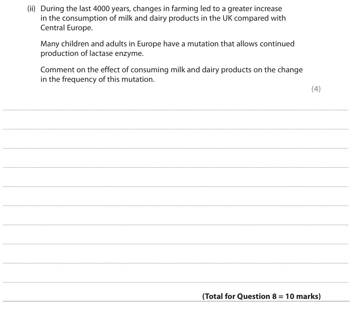 June 2024 Paper 1, question 8(b)(ii): During the last 4000 years, changes in farming led to a greater increase in the consumption of milk and dairy products in the UK compared with Central Europe. M