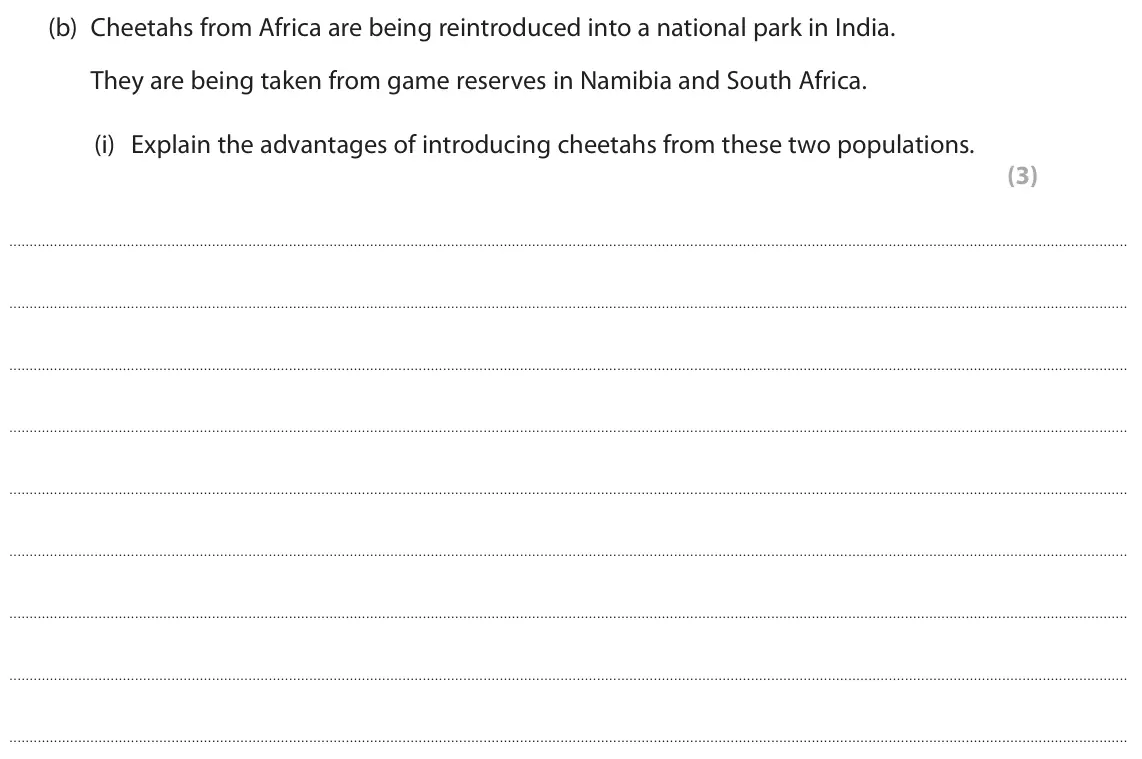June 2025 Paper 1, question 4(b)(i): Explain the advantages of introducing cheetahs from these two populations. (3)