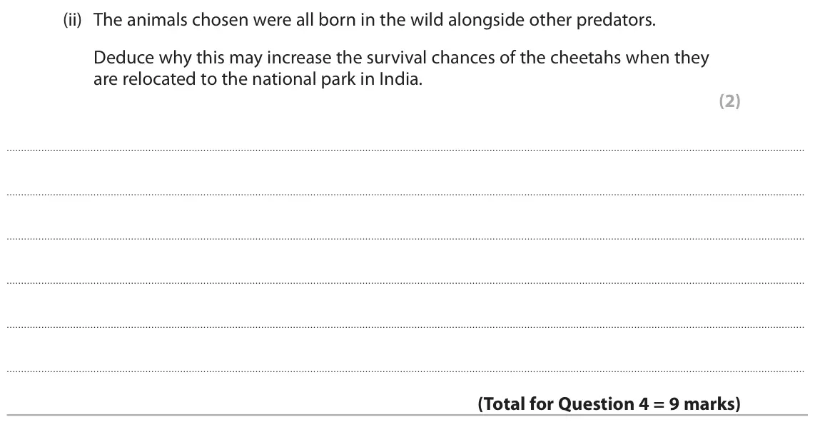 June 2025 Paper 1, question 4(b)(ii): The animals chosen were all born in the wild alongside other predators. Deduce why this may increase the survival chances of the cheetahs when they are relocate