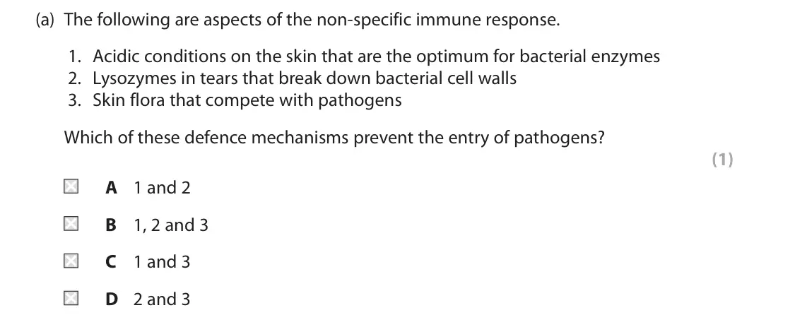 June 2025 Paper 1, question 6(a): The following are aspects of the non-specific immune response. 1. Acidic conditions on the skin that are the optimum for bacterial enzymes 2. Lysozymes in tears