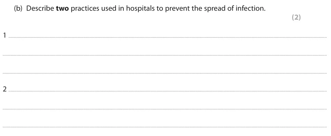 June 2025 Paper 1, question 6(b): Describe two practices used in hospitals to prevent the spread of infection. (2) 1 2