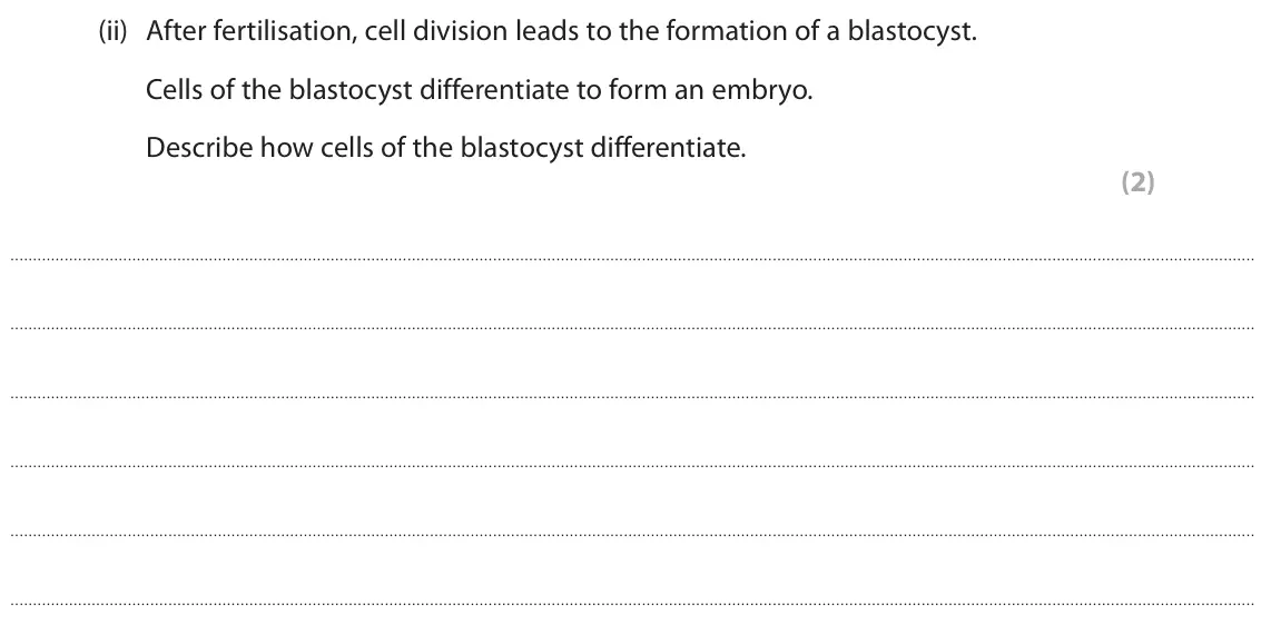 June 2025 Paper 1, question 7(a)(ii): After fertilisation, cell division leads to the formation of a blastocyst. Cells of the blastocyst differentiate to form an embryo. Describe how cells of the bl