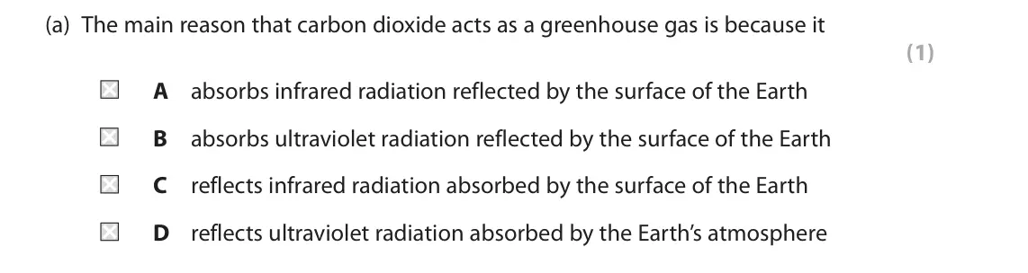 November 2021 Paper 1, question 1(a): The main reason that carbon dioxide acts as a greenhouse gas is because it (1) A absorbs infrared radiation reflected by the surface of the Earth B absorbs ultr