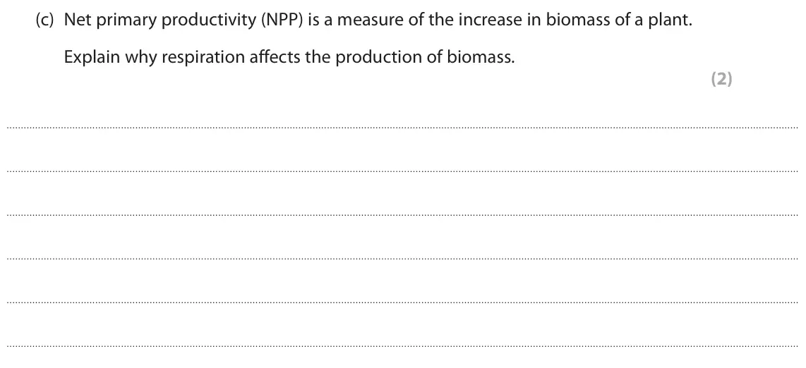 November 2021 Paper 1, question 1(c): Net primary productivity (NPP) is a measure of the increase in biomass of a plant. Explain why respiration affects the production of biomass. (2)