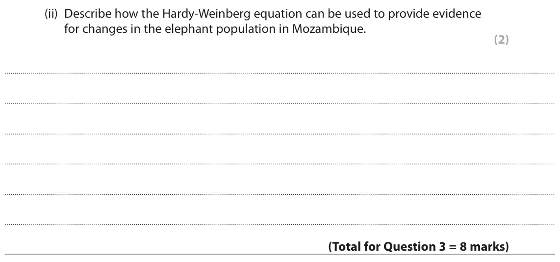 November 2021 Paper 1, question 3(b)(ii): Describe how the Hardy‑Weinberg equation can be used to provide evidence for changes in the elephant population in Mozambique. (2)