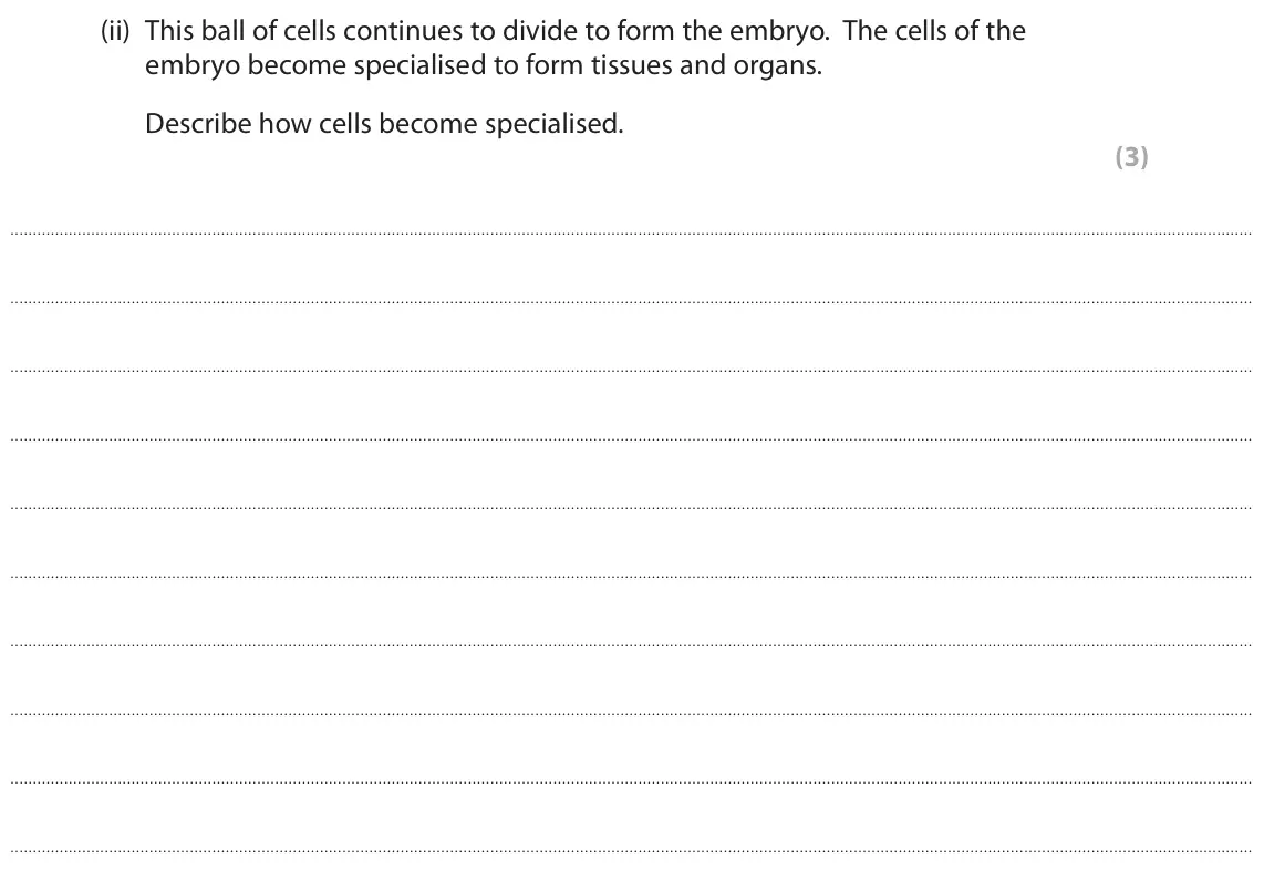 November 2021 Paper 1, question 4(b)(ii): This ball of cells continues to divide to form the embryo. The cells of the embryo become specialised to form tissues and organs. Describe how cells become spec