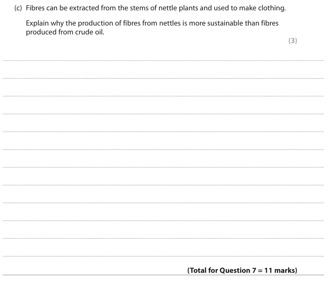 November 2021 Paper 1, question 7(c): Fibres can be extracted from the stems of nettle plants and used to make clothing. Explain why the production of fibres from nettles is more sustainable than fi